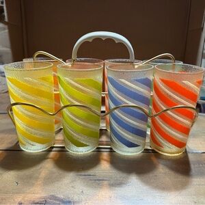 Vintage Mid-Century Modern Striped Barware with Holder